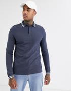 Asos Design Long Sleeve Tipped Pique Polo Shirt In Gray-black