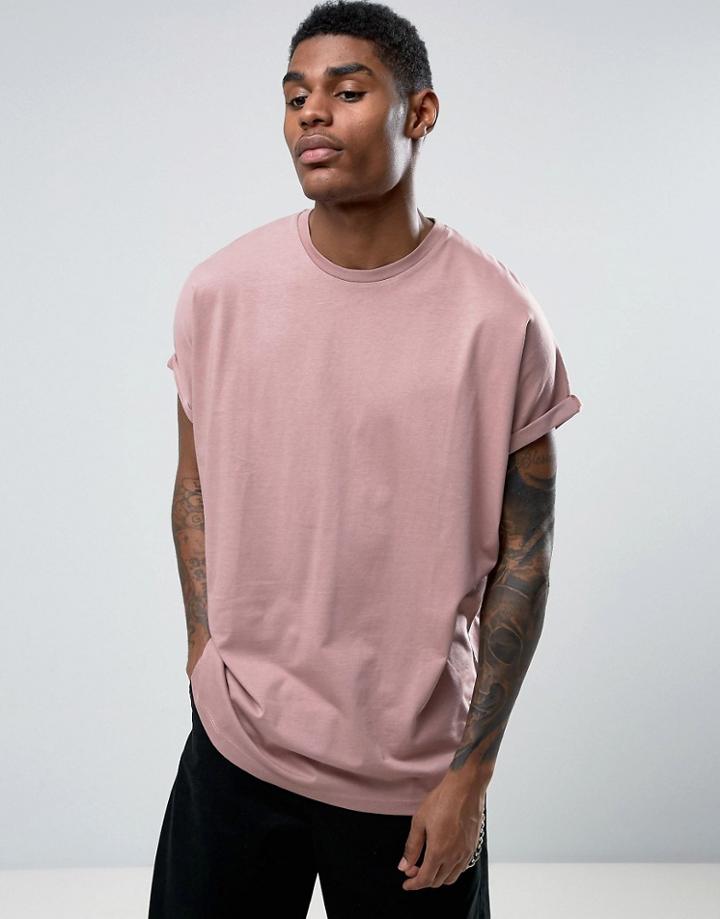 Asos Super Oversized Longline T-shirt With Roll Sleeve In Pink - Pink