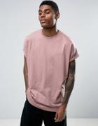 Asos Super Oversized Longline T-shirt With Roll Sleeve In Pink - Pink