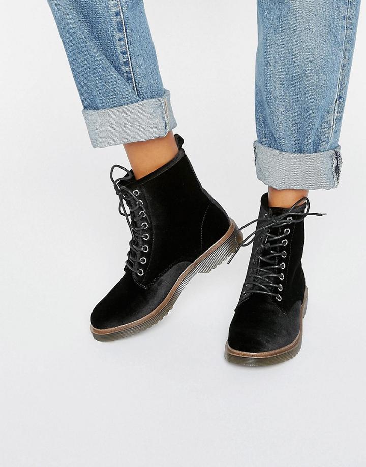 New Look Velvet Lace Up Ankle Biker Boots - Black