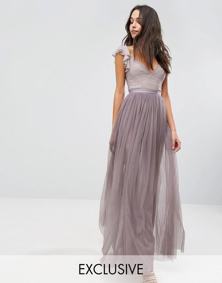 Needle & Thread Swan Tulle Maxi Dress With Frill Sleeve - Purple