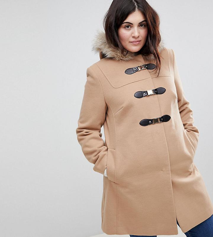 Asos Curve Duffle Coat With Faux Fur Hood - Stone