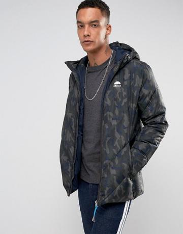 Ellesse Italia Duckdown Puffer Jacket With Hood Logo In Camo - Green