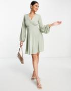 Closet London Bell Sleeve Mini Dress In Sage Green