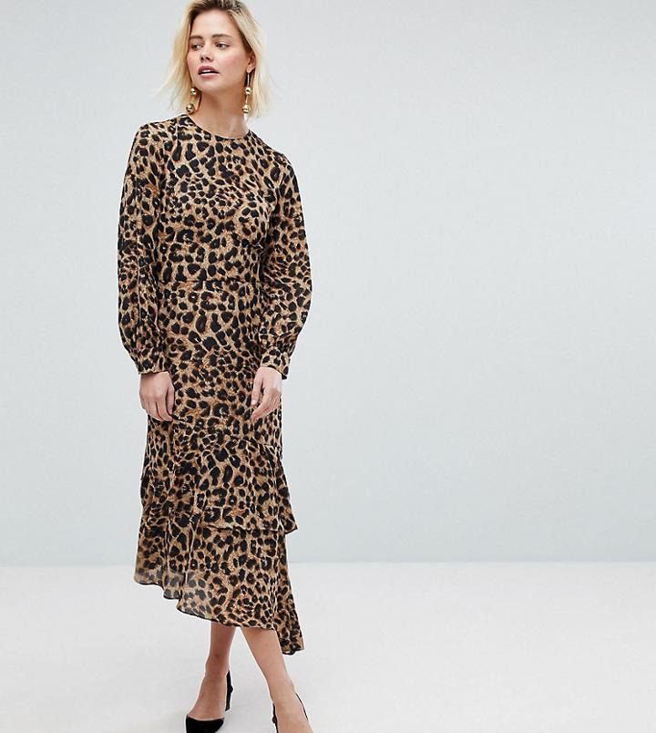 Warehouse Leopard Print Chiffon Dress - Brown