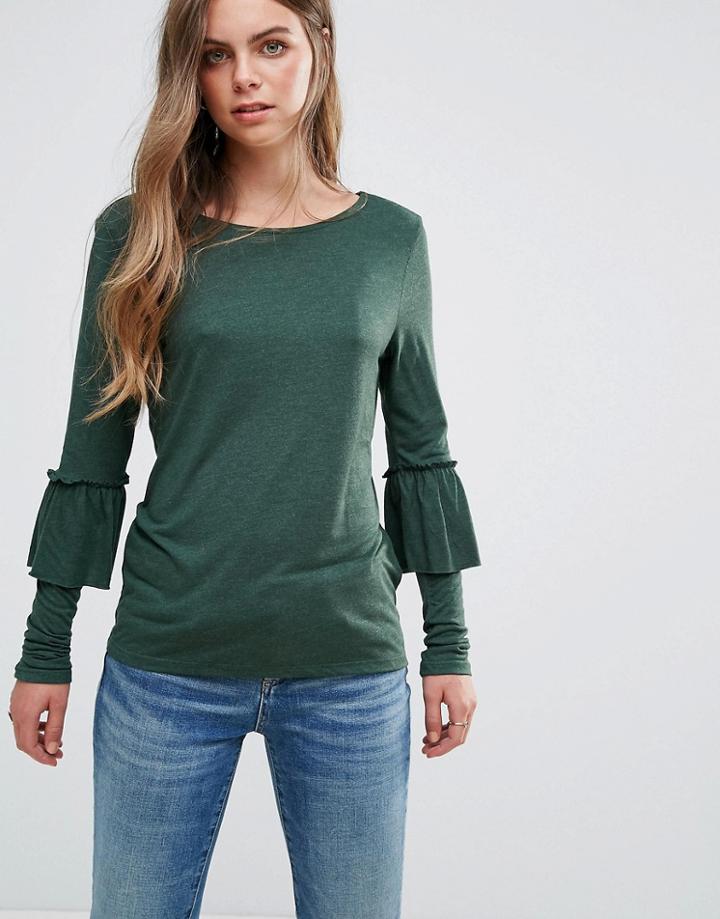 Pieces Matti Frill Sleeve Jersey Blouse - Green