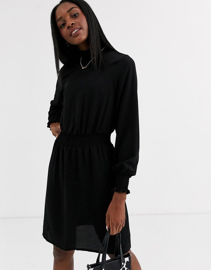 New Look High Neck Shirred Waist Mini Dress In Black