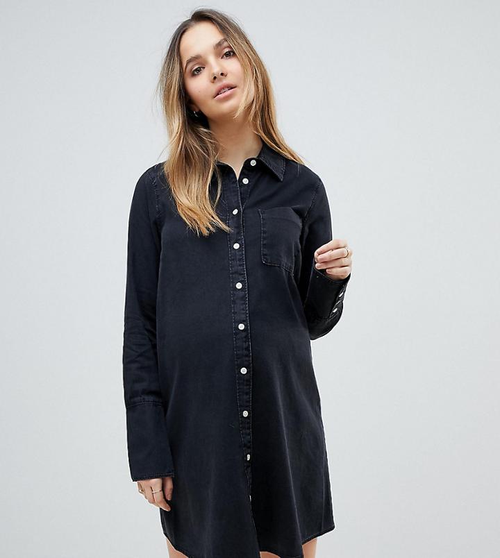 Asos Maternity Denim Shirt Dress With Deep Cuff In Washed Black - Black