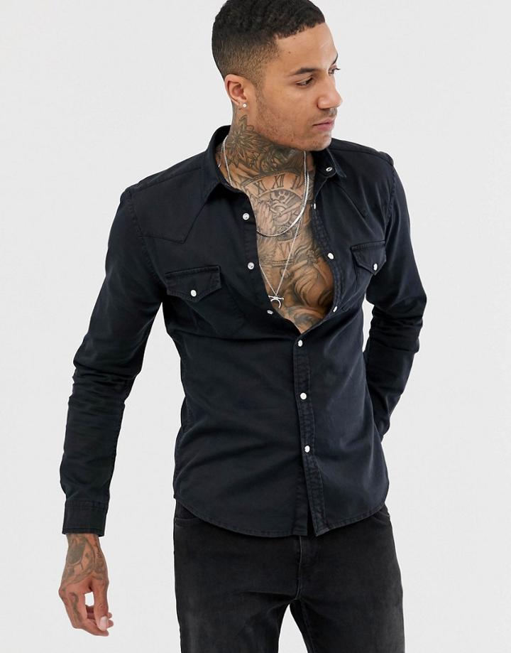 Asos Design Skinny Fit Denim Western Shirt In Black