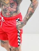 Asos Design Swim Shorts In Red With Check Side Tape Mid Length - Red