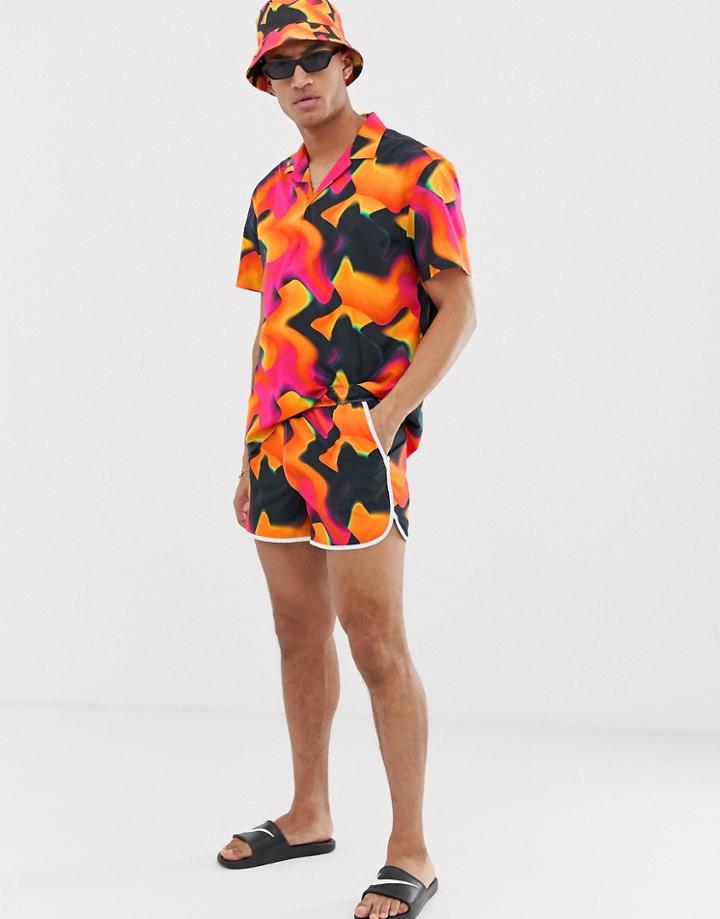 Asos Design Two-piece Runner Swim Shorts In Warped Ombre Print-orange