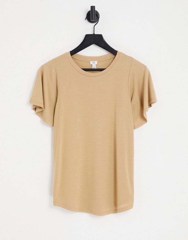 River Island Flutter Sleeve Tee In Beige-neutral