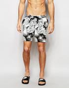 Asos Mid Length Swim Shorts With Monochrome Floral Print - Black