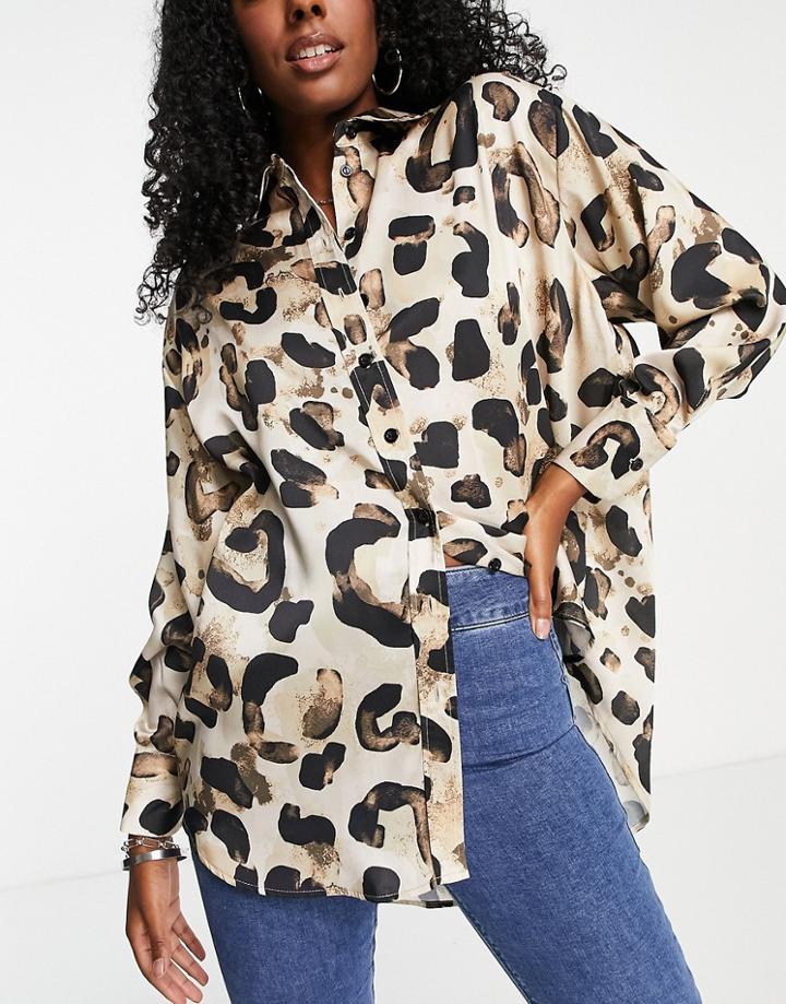 Topshop Oversized Animal Satin Shirt In Neutral