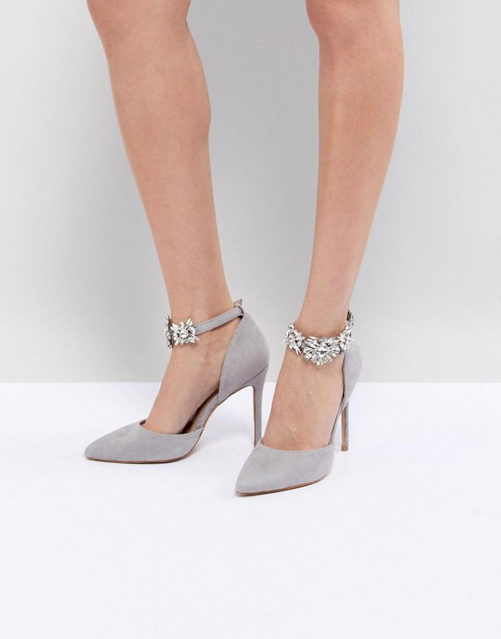 Chi Chi London Heeled Court Shoe With Embellished Heel - Gray