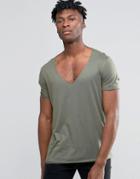Asos Longline T-shirt With Scoop Hem And Raw V Neck In Drape Fabric - Green
