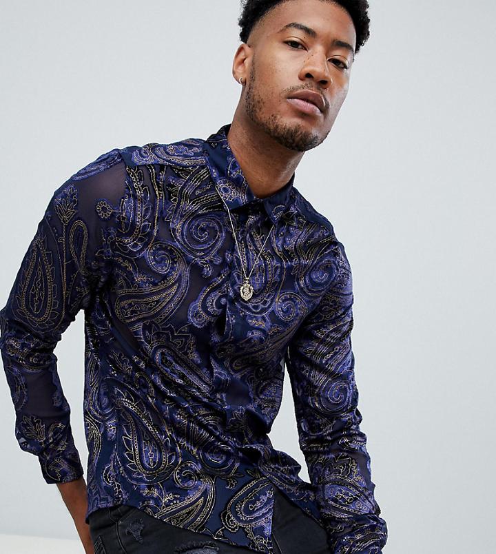 Asos Design Tall Party Regular Fit Velvet Burnout Paisley Shirt In Navy - Navy