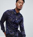 Asos Design Tall Party Regular Fit Velvet Burnout Paisley Shirt In Navy - Navy