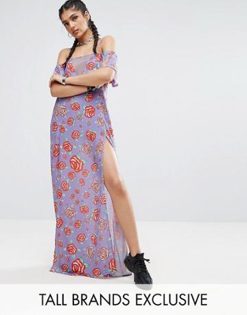 Jaded London Tall Frill Cold Shoulder Printed Maxi Dress With Thigh Splits - Multi