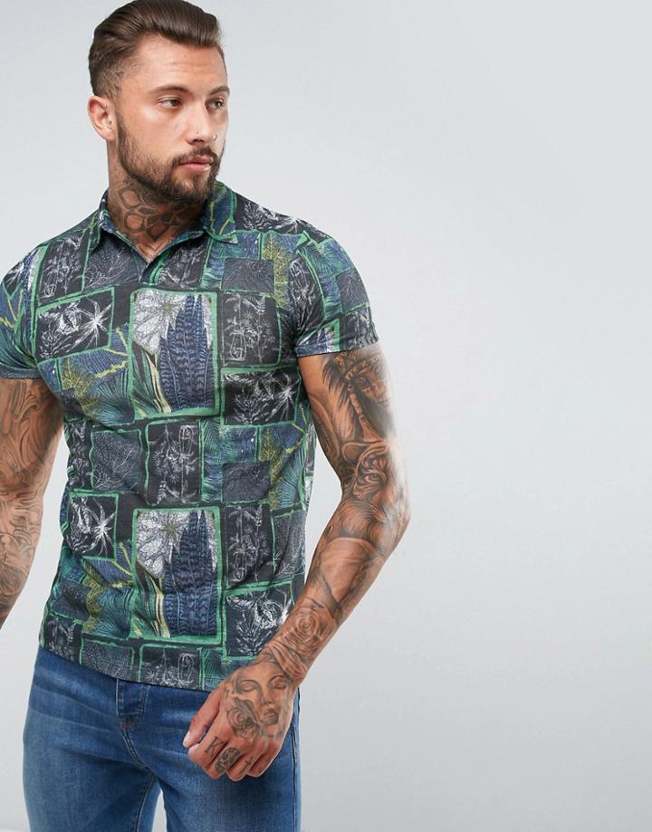 Asos Polo With Revere Collar And All Over Vintage Tile Print In Linen Look - Multi