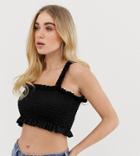 Prettylittlething Basic Shirred Square Neck Crop Top With Ruffle Trim In Black - Black
