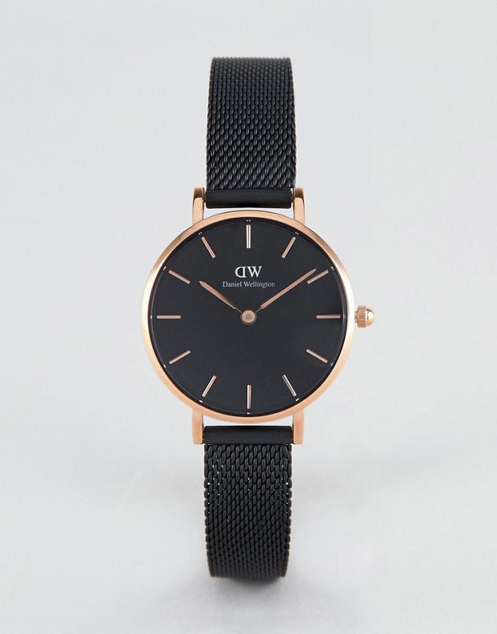 Daniel Wellington Petite Ashfield Leather Watch In Black & Rose Gold 28mm - Black