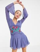 Asos Design Textured Embroidered Godet Skater Mini Dress With Lace Trims-blues
