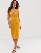 Asos Design Tie Shoulder Plunge Midi Sundress With Shirred Waist-yellow