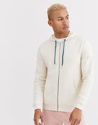 Asos Design Zip Up Hoodie In Off White Withgreen Drawcords