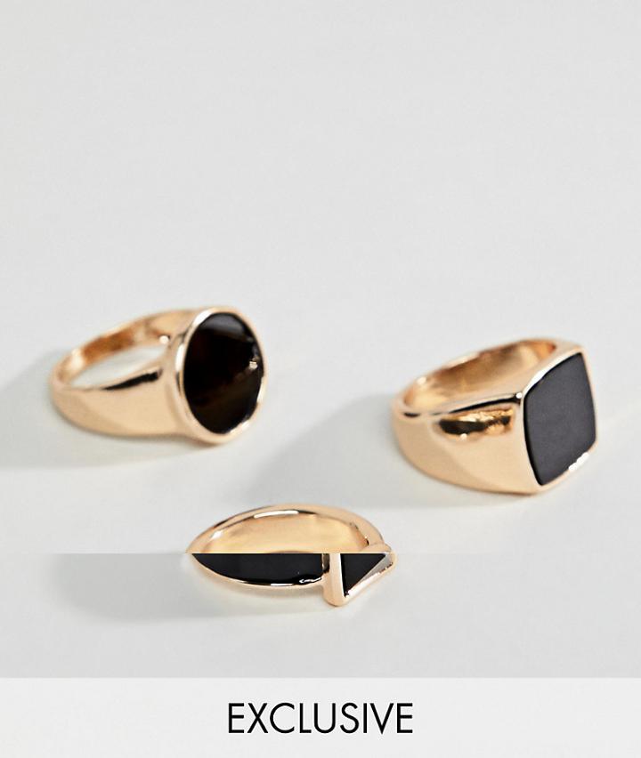 Designb Gold & Black Signet Rings In 3 Pack Exclusive To Asos - Gold