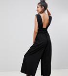 Asos Design Tall Ruched Waist Plunge Jumpsuit - Black