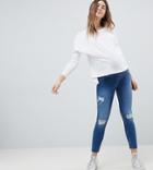 New Look Maternity Over Bump Ripped Hem Jeans - Blue