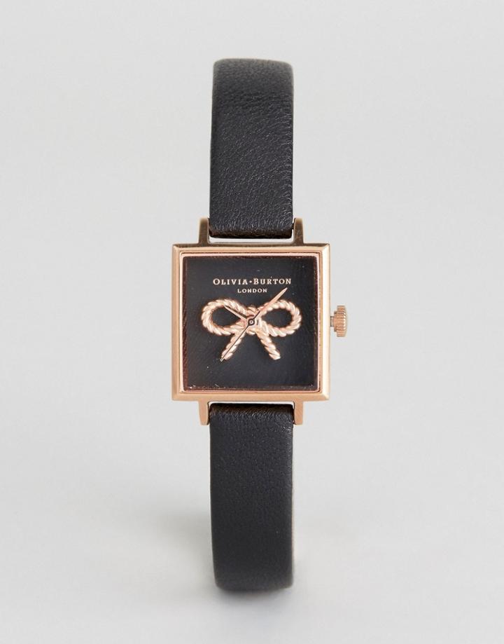 Olivia Burton Ob16vb03 Vintage Bow Square Leather Watch In Black - Black