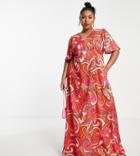 Twisted Wunder Plus Flutter Sleeve Maxi Dress In Swirl Print-red