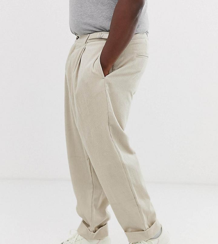 Asos Design Plus Wide Balloon Pants In Putty Cord With Pleats - Beige
