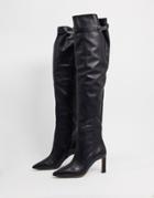 Asos Design Kenzie Premium Leather Mid-heeled Over The Knee Boots In Black