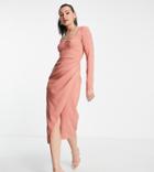 Asos Design Tall Sweetheart Neck Midi Dress With Ruched Wrap Skirt In Terracotta-pink