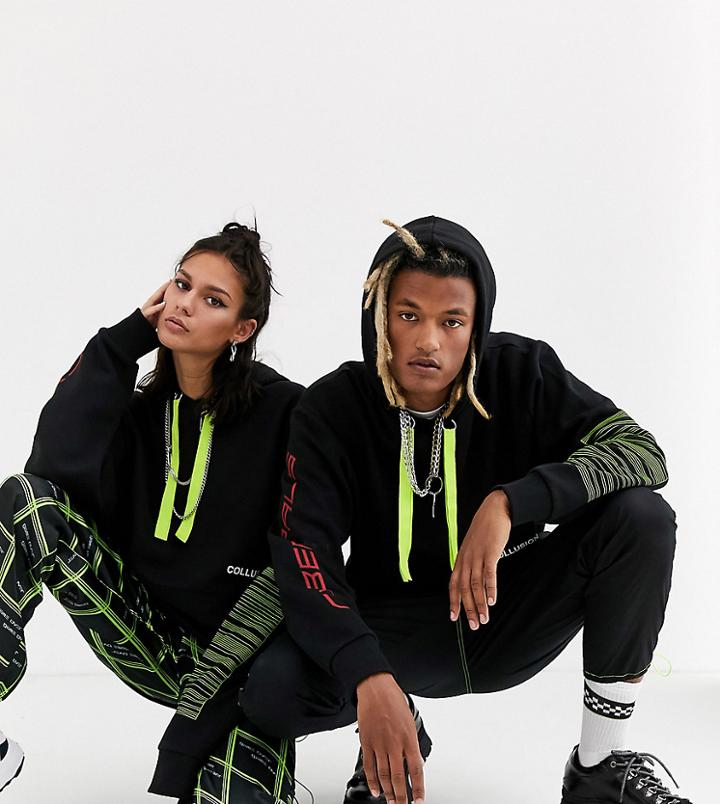 Collusion Unisex Hoodie With Drawcord Detail And Print In Black