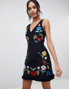 Asos Design Mini Dress In Cord With Floral Embroidery-black