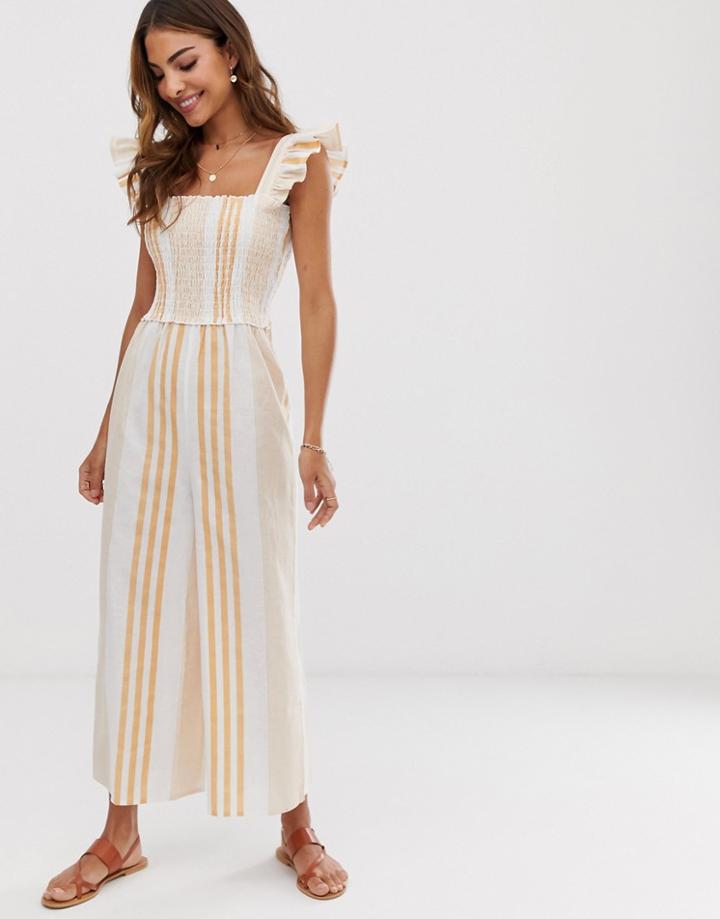 Asos Design Shirred Frill Sleeve Jumpsuit In Print - Orange