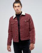Asos Slim Denim Jacket In Burgundy With Fleece Collar - Red