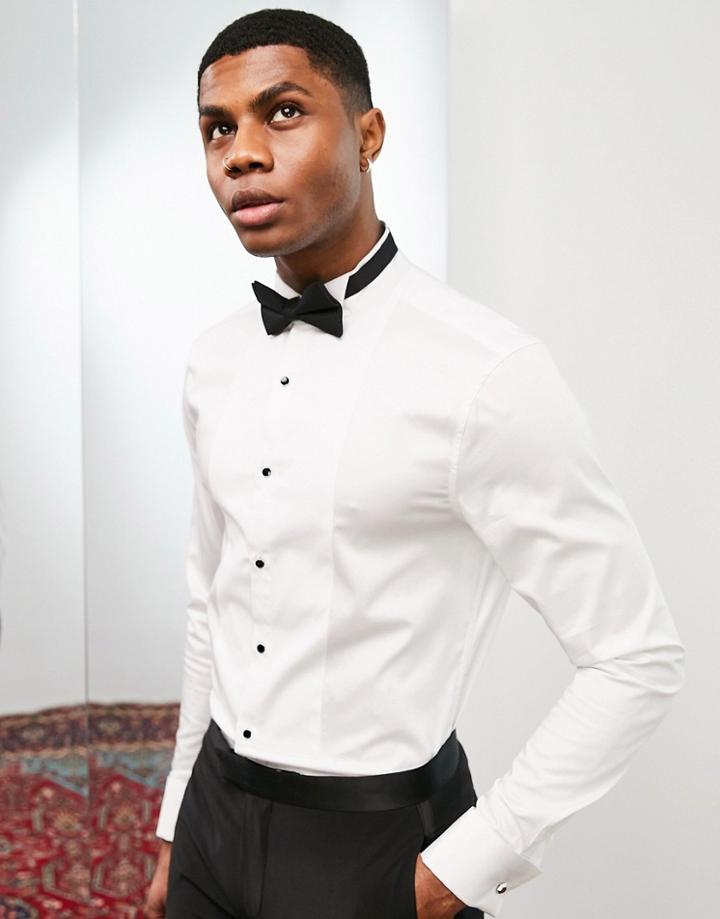 Noak Easy Iron Slim Sateen Formal Shirt With Bib Detail And Wing Collar In White