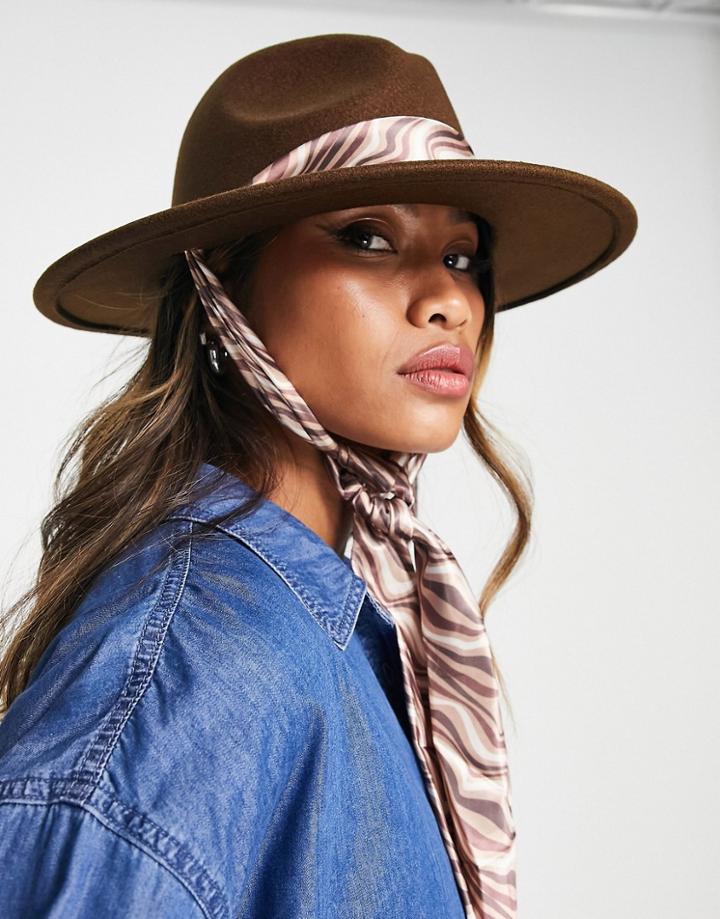 My Accessories London Fedora In Brown With Wave Print Scarf Tie