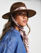 My Accessories London Fedora In Brown With Wave Print Scarf Tie