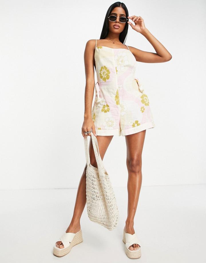 Asos Design Double Cloth Tie Back Romper In Hawaiian Print-multi