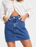 Topshop Denim Varsity Skirt In Mid Blue-blues