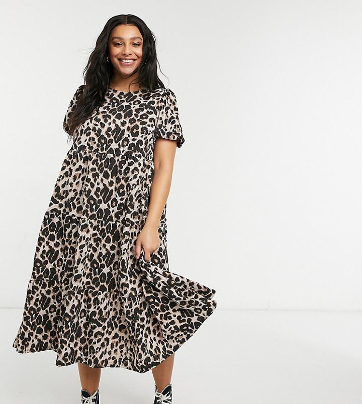 Asos Design Curve Midi Tiered Smock Dress In Leopard Print-multi