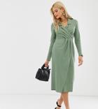 Asos Design Tall Midi Wrap Front Shirt Dress In Slub - Green