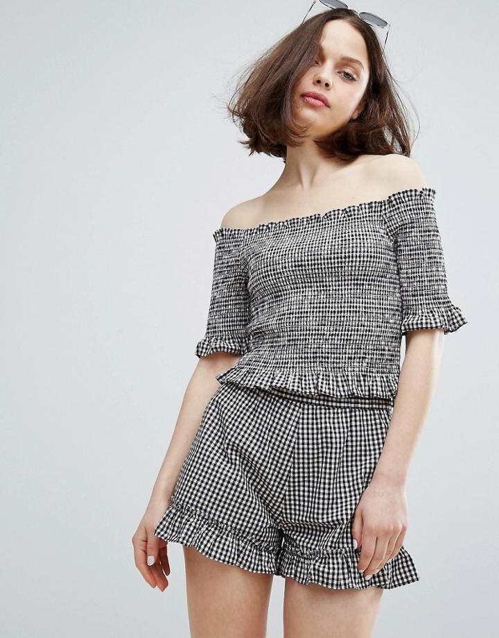 Monki Ruffle Gingham Bardot Top - Pink