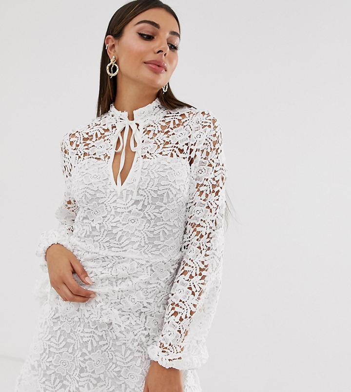 Missguided Mini Dress With Crochet Layer Detail And Tie Front In White